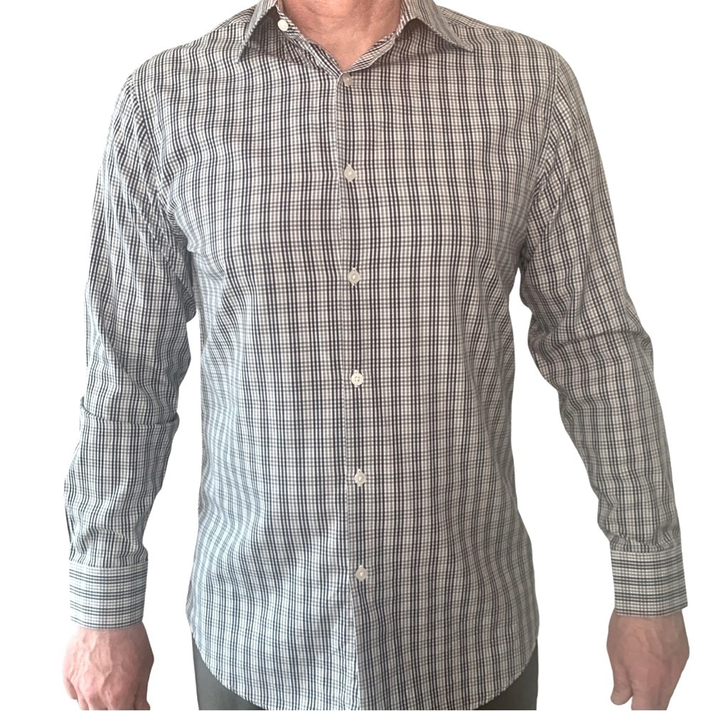 THEORY Plaid Button Up Dress Shirt Cotton Poplin Black Grey White Marco P